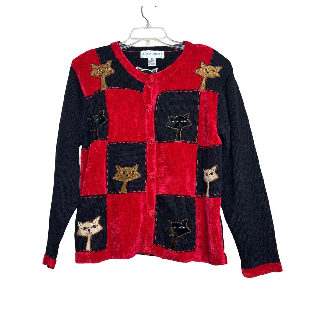 Victoria‎ Harbour Cardigan Sweater Womens Large Red Black Cat Patchwork Beaded